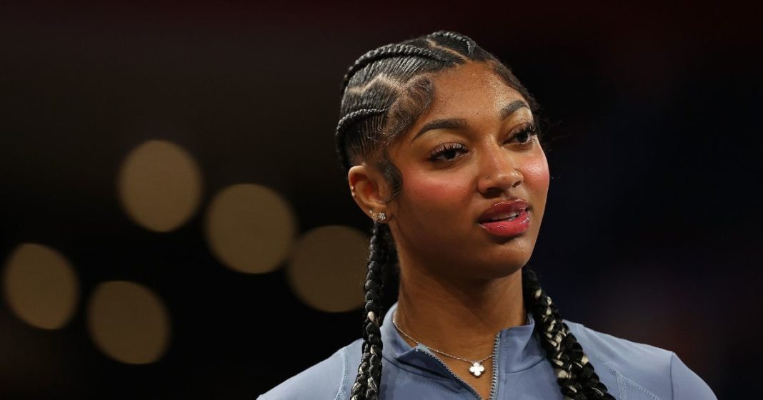 Angel Reese #5 of the Chicago Sky reacts during player intros prior to facing the Atlanta Dream at Gateway Center Arena on September 17, 2024 in College Park, Georgia.