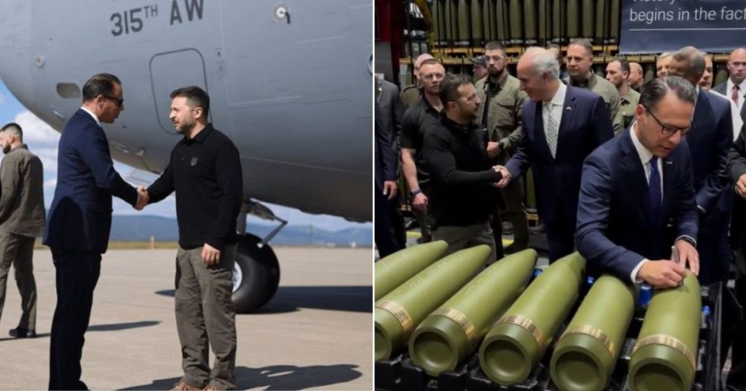 Ukranian President Volodymyr Zelenskyy is greeted by Pennsylvania Gov. Josh Shapiro, left, after stepping off a U.S. Air Force C-17. At right, Zelenskyy greets another official while Shapiro writes a message on a bomb in a Scranton munitions factory.