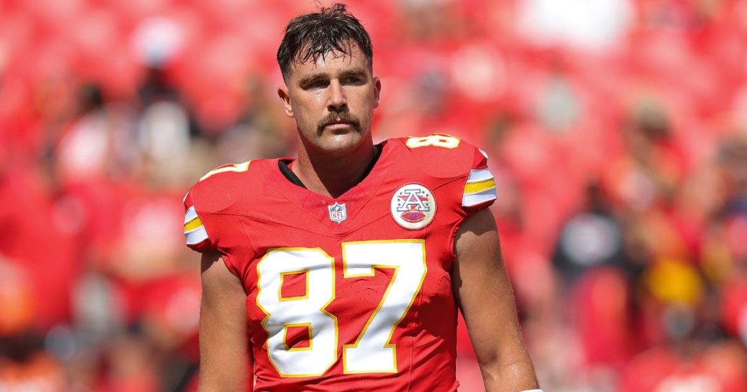 Travis Kelce of the Kansas City Chiefs is pictured on the field prior to a game against the Cincinnati Bengals in Kansas City, Missouri, on Sept. 15.