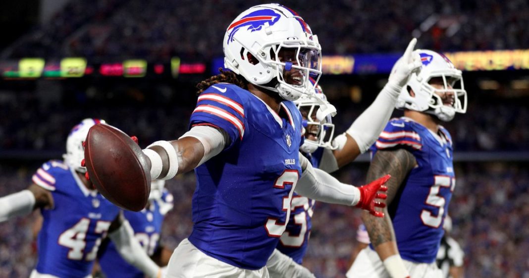 Damar Hamlin of the Buffalo Bills celebrates after an interception during the second quarter against the Jacksonville Jaguars in Orchard Park, New York, on Monday.