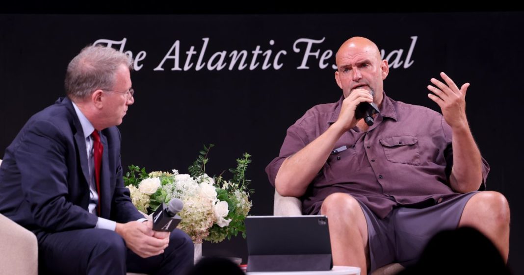 Jeffrey Goldberg and John Fetterman speak on stage during the "In Conversation with John Fetterman" panel for The Atlantic Festival 2024 on September 19, 2024 in Washington, DC.