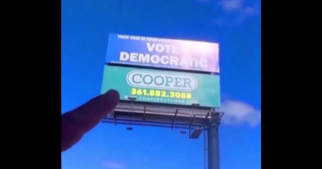 This X screen shot shows a sign that was spotted by CGC Cerakote in Texas. The gun coating company eventually bought the lower half to counter the pro-Democrat message.