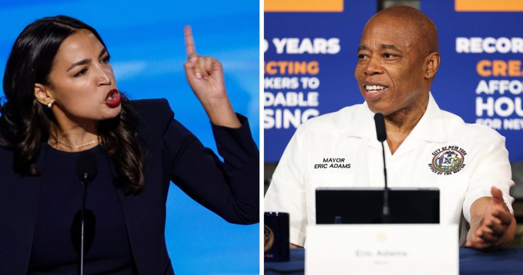 (L) Rep. Alexandria Ocasio-Cortez (D-NY) speaks onstage during the first day of the Democratic National Convention at the United Center on August 19, 2024 in Chicago, Illinois. (R) Mayor Eric Adams holds an in-person media availability along with members of his staff at City Hall on July 30, 2024 in New York City.