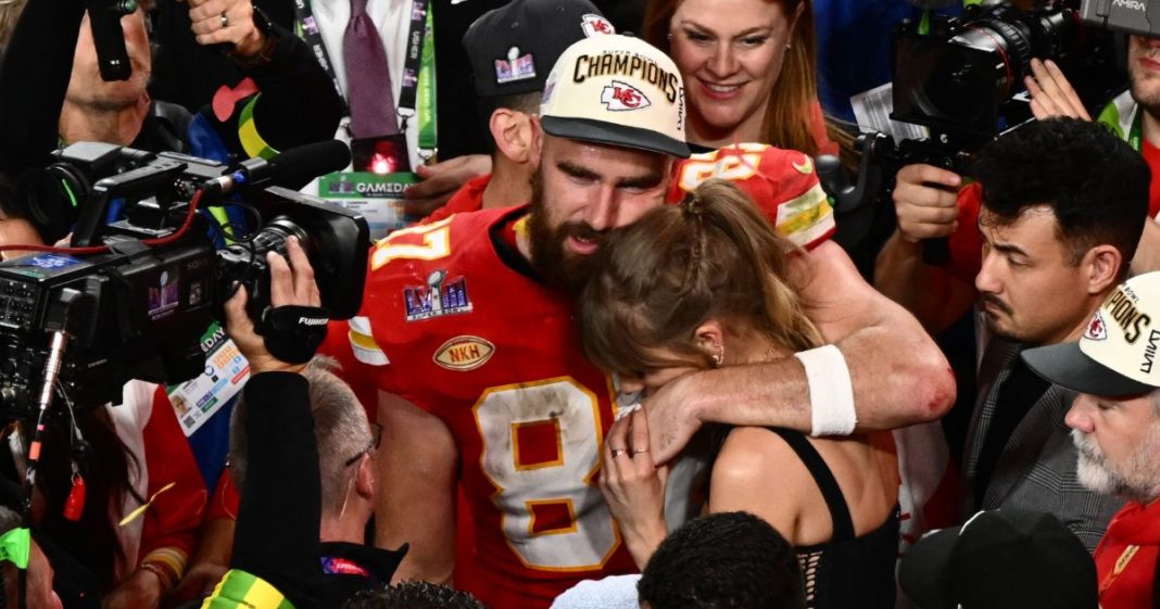 US singer-songwriter Taylor Swift and Kansas City Chiefs' tight end #87 Travis Kelce embrace after the Chiefs won Super Bowl LVIII against the San Francisco 49ers at Allegiant Stadium in Las Vegas, Nevada, February 11, 2024.