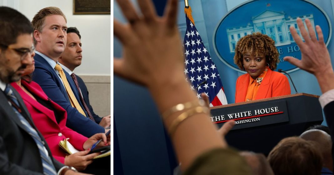 (L) FOX News correspondent Peter Doocy goes back and forth with Press Secretary Karine Jean-Pierre about the use of the word "dangerous" when talking about former President Donald Trump during the daily press conference at the White House on September 17, 2024 in Washington, DC. (R) White House Press Secretary Karine Jean-Pierre fields reporters' questions during the daily press conference at the White House on September 17, 2024 in Washington, DC.