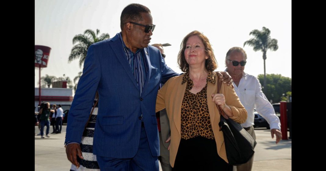 Gubernatorial candidate Larry Elder, left, and Gloria Romero, former California state Senate majority leader, after a press conference held at SC Fuels Gas Station on Tuesday, Sept. 7, 2021 in El Monte, CA.