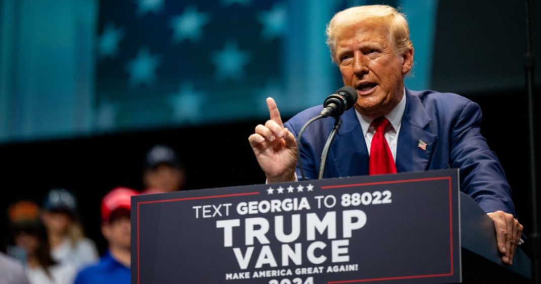 Republican presidential nominee, former U.S. President Donald Trump speaks at a campaign rally at the Johnny Mercer Theatre on September 24, 2024 in Savannah, Georgia.