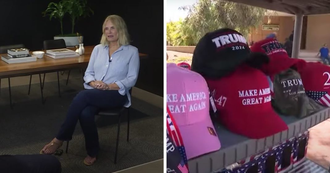 These YouTube screen shots show (L) Arizona Cardinals fan Susan Rosener being interviewed about having her MAGA hat taken and (R) various images of Donald Trump-related merchandise.