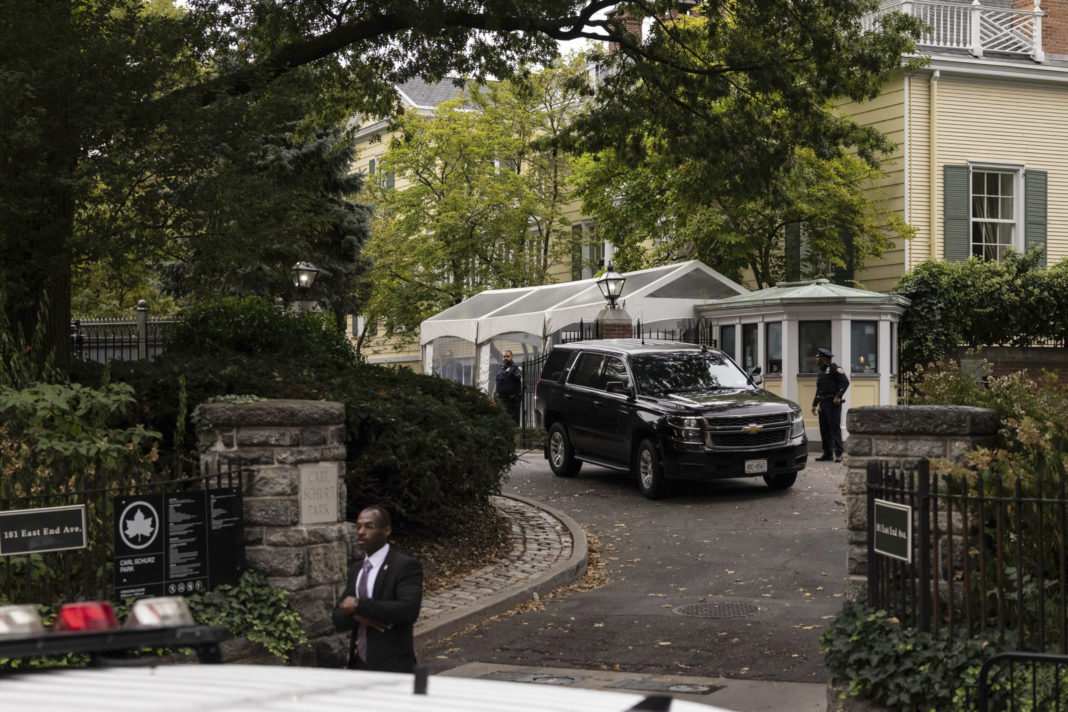 A vehicle drives out of Gracie Mansion, the official residence of New York City Mayor Eric Adams, Thursday.