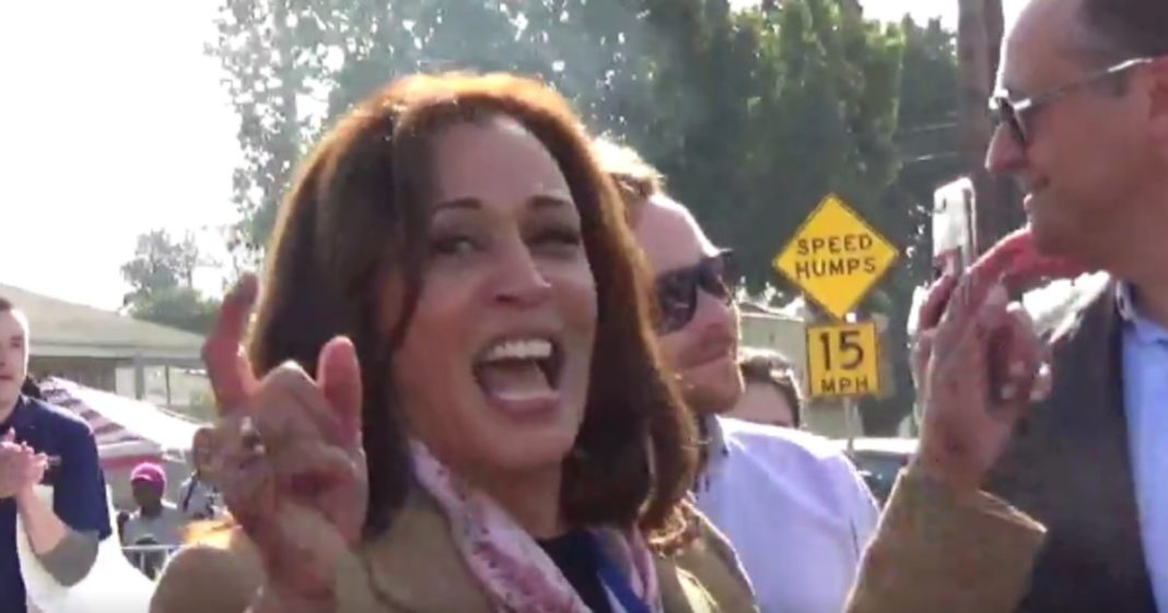 In a video from 2018, then-Sen. Kamala Harris is seen yelling, "Down with deportation!"