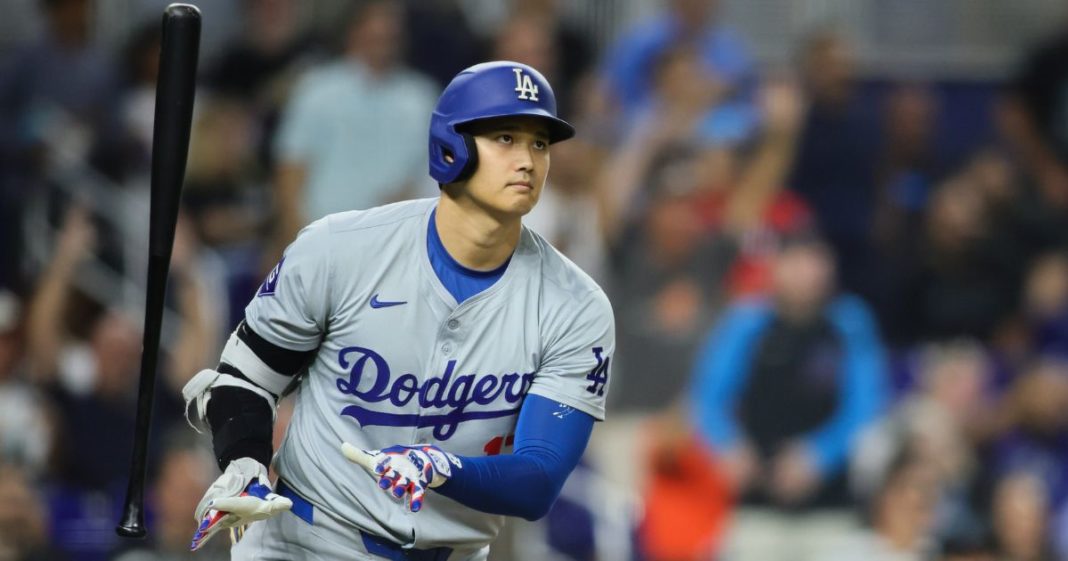 Shohei Ohtani of the Los Angeles Dodgers looks on after hitting a two-run home run against the Miami Marlins in Miami, Florida, on Tuesday.