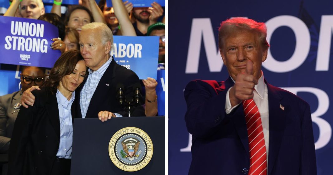 (L) Democratic presidential nominee, U.S. Vice President Kamala Harris is embraced by U.S. President Joe Biden during a campaign event at IBEW Local Union #5 on September 02, 2024 in Pittsburgh, Pennsylvania. (R) Republican presidential nominee, former U.S. President Donald Trump gestures during the 2024 Joyful Warriors National Summit on August 30, 2024 in Washington, DC.