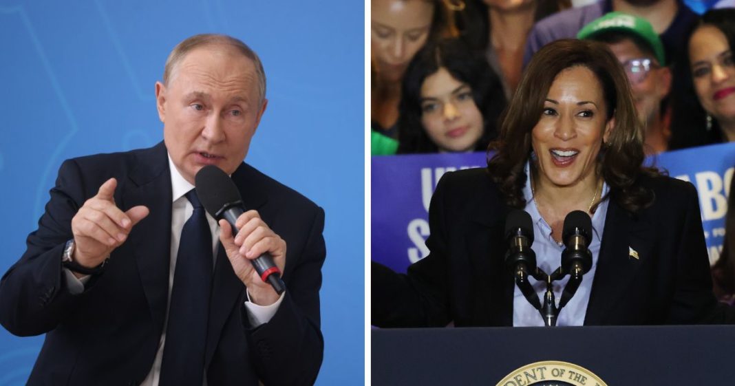 (L) Russian President Vladimir Putin gestures during his meeting with children while visiting the secondary school #20, September 2, 2024, in Kyzyl, Tuva Republic, Russia. (R) Democratic presidential nominee, U.S. Vice President Kamala Harris speaks during a campaign event at IBEW Local Union #5 on September 2, 2024 in Pittsburgh, Pennsylvania.