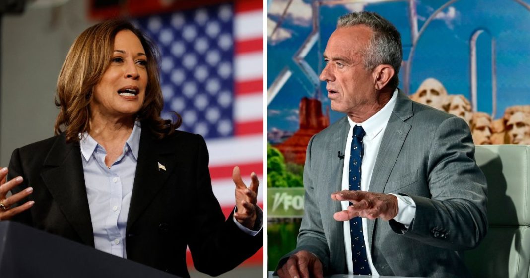 (L) US Vice President and Democratic presidential candidate Kamala Harris speaks at a Labor Day event at Northwestern High School in Detroit, Michigan, September 2, 2024. (R) Robert F. Kennedy Jr. appears on FOX News Sunday at FOX News D.C. Bureau on August 25, 2024 in Washington, DC.