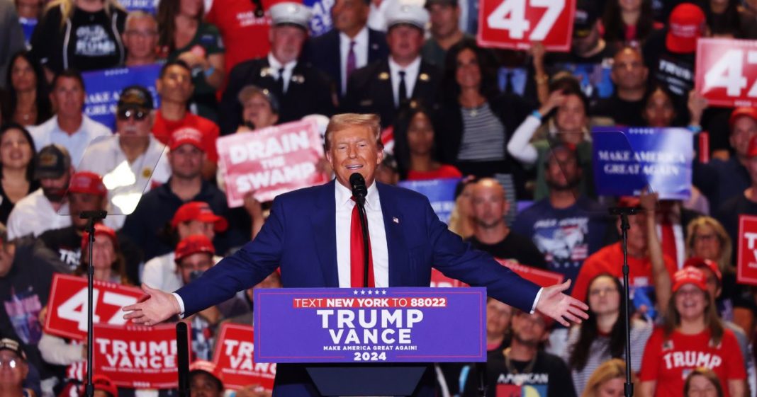 Republican presidential nominee, former U.S. President Donald Trump speaks during a campaign rally at Nassau Veterans Memorial Coliseum on September 18, 2024 in Uniondale, New York.