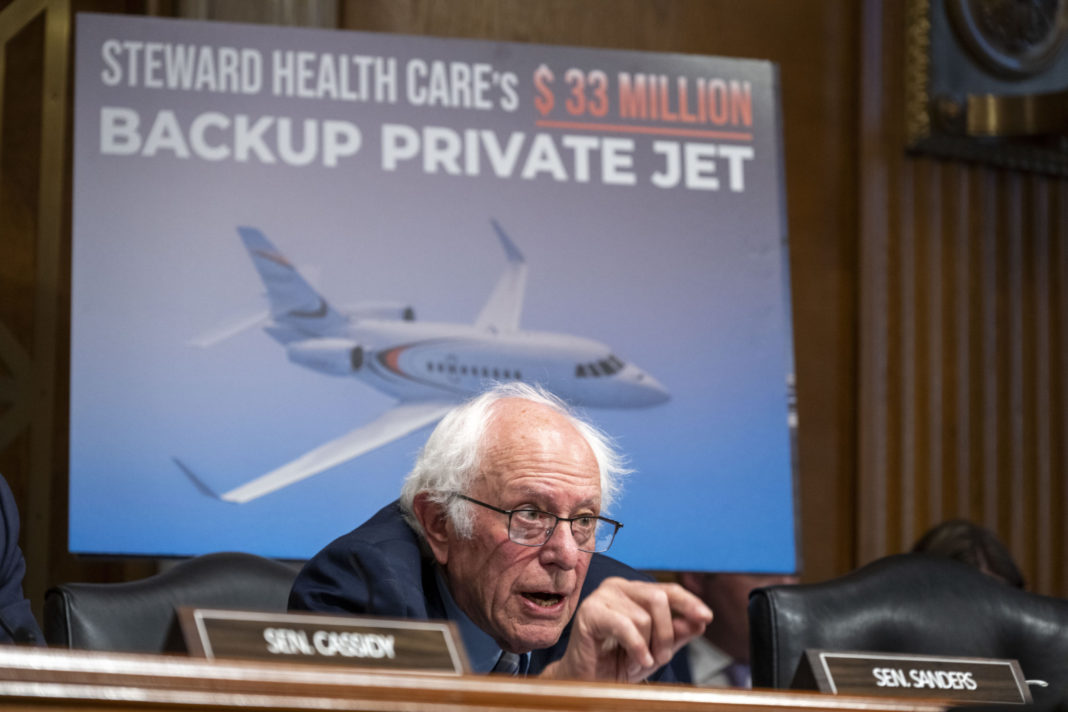 Sen. Bernie Sanders speaks during a Senate Health, Education, Labor, and Pensions hearing to examine the bankruptcy of Steward Health Care on Capitol Hill in Washington, D.C., on Thursday