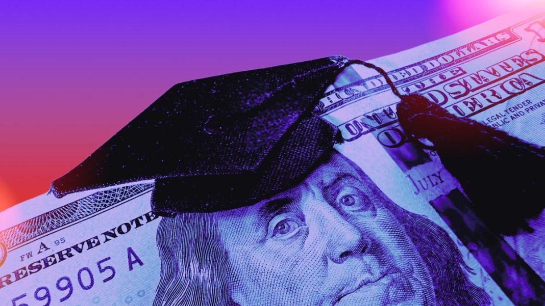 Closeup of 100-dollar bill with a graduation cap.