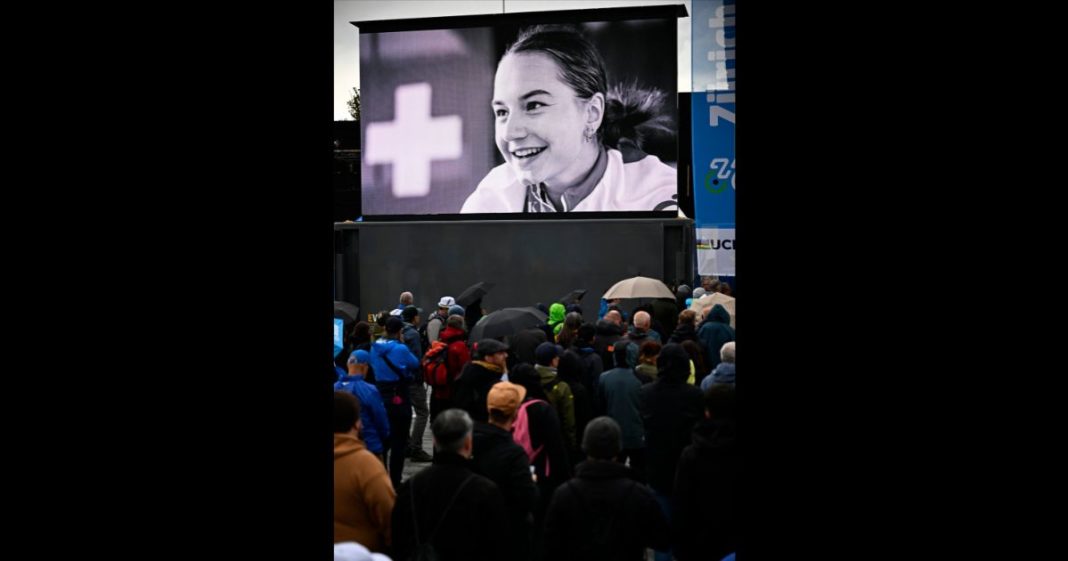 A moment of silence is held for Swiss Muriel Furrer, who died after a crash yesterday, after the U23 Men road race at the 2024 UCI Road and Para-Cycling Road World Championships, Friday 27 September 2024, in Zurich, Switzerland. The Worlds are taking place from 21 to 29 September.