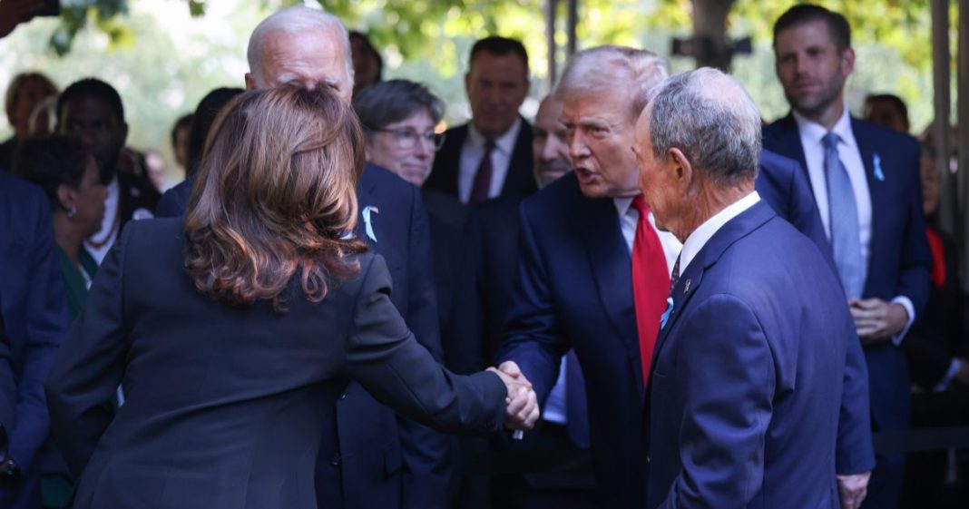 Vice President Kamala Harris, left, shakes the hand of former President Donald Trump, second from right, at a memorial service for the Sept. 11, 2001, terror attacks in New York City on Wednesday.