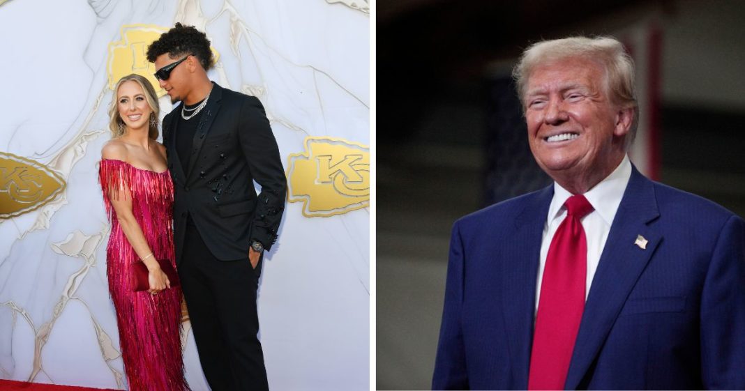 (L) Brittany and Patrick Mahomes arrive on the red carpet prior to the Kansas City Chiefs Super Bowl Ring Ceremony at the Nelson-Atkins Museum of Art on June 13, 2024 in Kansas City, Missouri. (R) Former U.S. President and current Republican Presidential nominee Donald Trump speaks about the economy, inflation, and manufacturing during a campaign event at Alro Steel on August 29, 2024 in Potterville, Michigan.