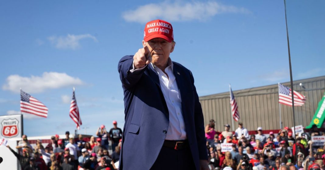 Republican presidential nominee former President Donald Trump departs a campaign event at the Central Wisconsin Airport on September 7, 2024 in Mosinee, Wisconsin.