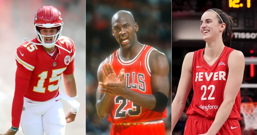 A USA Today article attacked athletes Patrick Mahomes of the Kansas City Chiefs, left; Caitlin Clark of the Indiana Fever, right; and even NBA legend Michael Jordan, center, for not using their celebrity to weigh in on American politics.