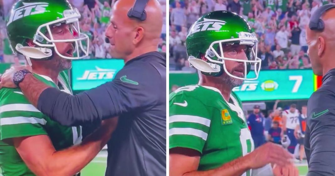 These X screen shots show New York Jets quarterback Aaron Rodgers (L) and Jets head coach Robert Saleh (R) on the sidelines of a Sept. 19 game against the New England Patriots.