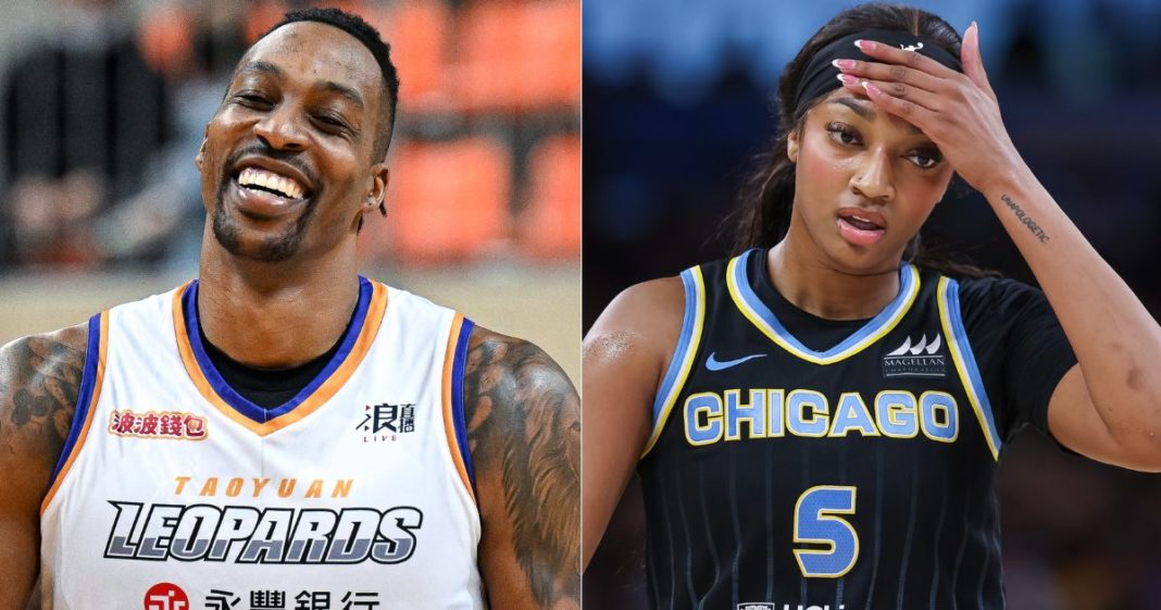 During a pick-up basketball game, Dwight Howard jokingly called another player "Angel Reese," right, for missing an easy shot on the basket.