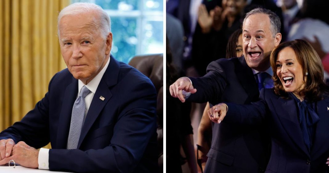 (L) U.S. President Joe Biden speaks to members of the news media while receiving a briefing about the ongoing wildfire season in the Oval Office at the White House on September 17, 2024 in Washington, DC. (R) Second Gentleman Doug Emhoff and Democratic presidential nominee, U.S. Vice President Kamala Harris celebrate after she accepted the Democratic presidential nomination during the final day of the Democratic National Convention at the United Center on August 22, 2024 in Chicago, Illinois.