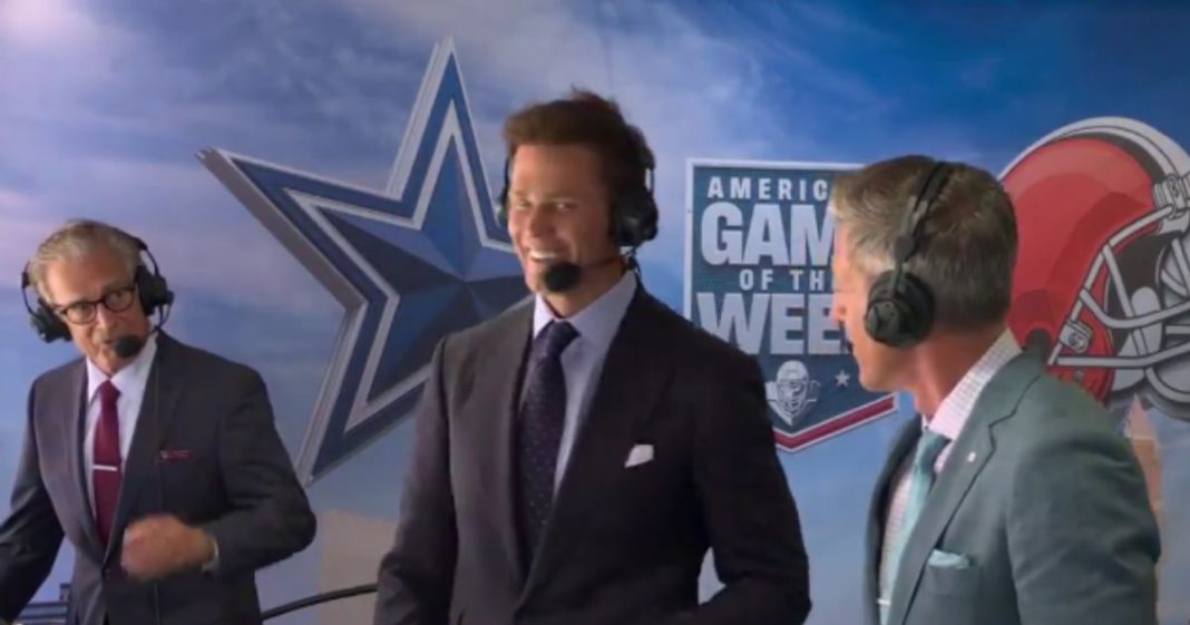 Tom Brady, center, smiles awkwardly after Mike Pereira, left, initially ignored his fist bump at the start of Brady's first NFL broadcast on Sunday.