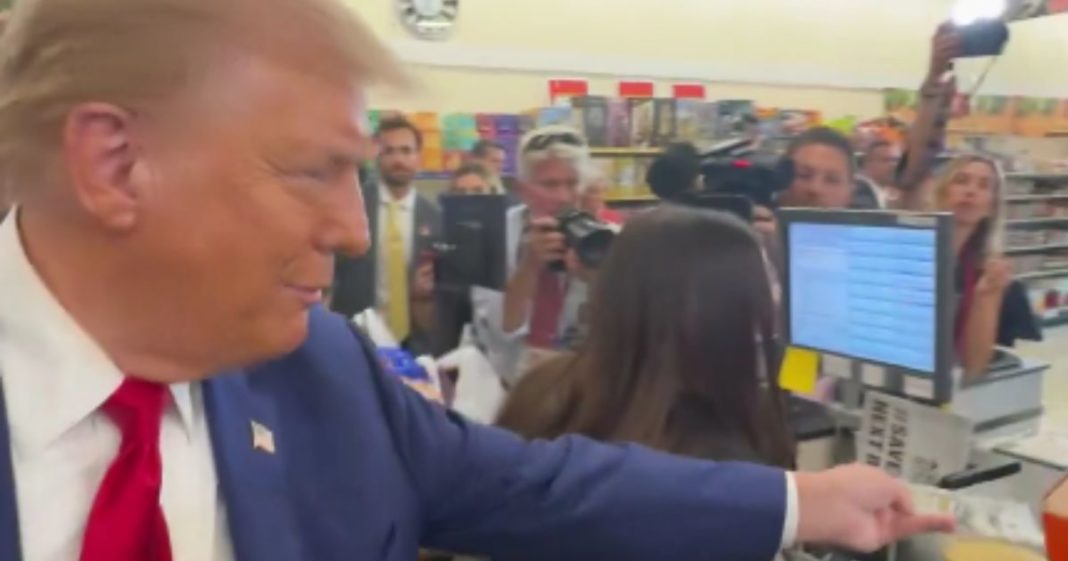 On Monday, while on an outing in Kittanning, Pennsylvania, former President Donald Trump, left, helped a mother of 3 pay for her groceries.