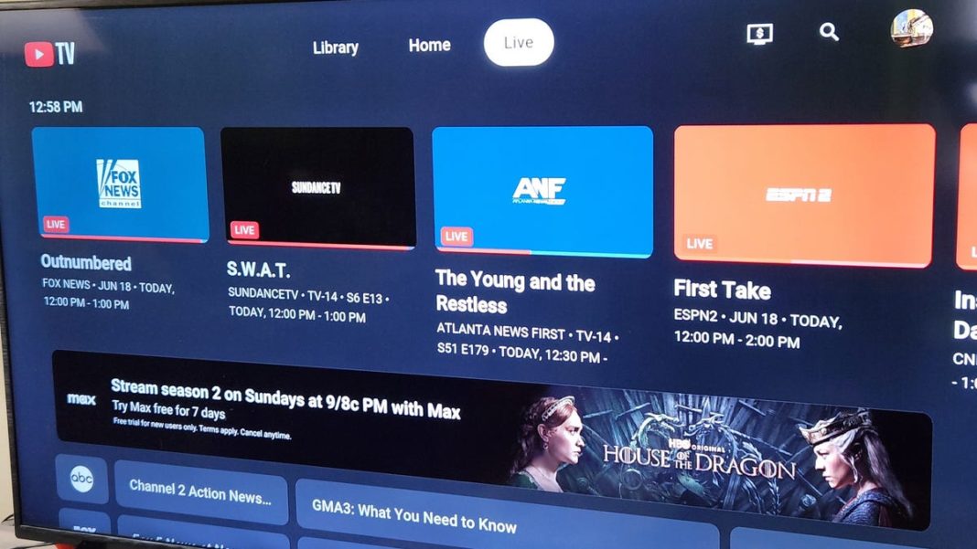 youtube tv app showing home page on TV screen