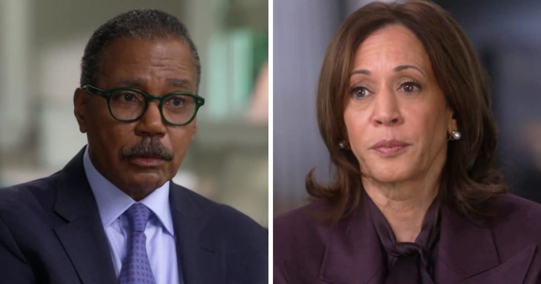 These X screen shots show (L) CBS News interviewer Bill Whitaker and (R) Vice President Kamala Harris.