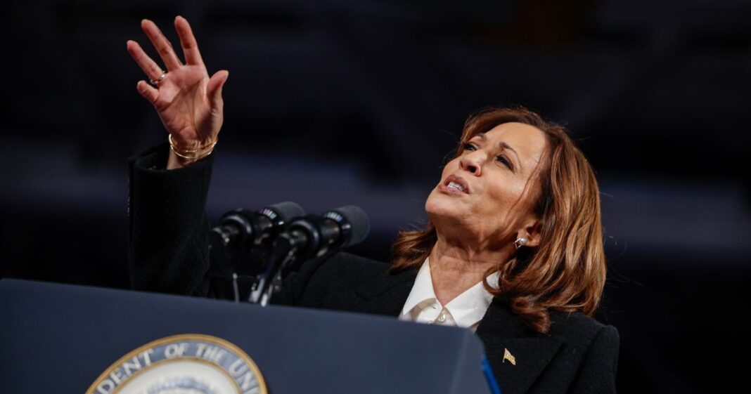 Democratic presidential candidate, Vice President Kamala Harris rallies with supporters at the Williams Arena at Minges Coliseum on the campus of East Carolina University on October 13, 2024 in Greenville, North Carolina.