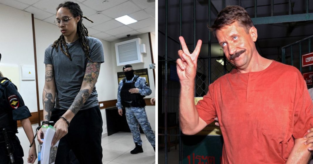 (L) US Women National Basketball Association's (WNBA) basketball player Brittney Griner, who was detained at Moscow's Sheremetyevo airport and later charged with illegal possession of cannabis, leaves the courtroom before the court's final decision in Khimki outside Moscow, on August 4, 2022. (R) Russian alleged arms dealer Viktor Bout shows a victory sign after his verdict at the Criminal Court in Bangkok on August 11, 2009.