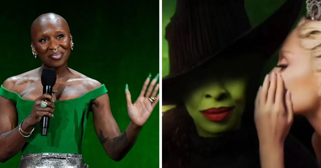 (L) British actress Cynthia Erivo speaks about the movie "Wicked" during the Universal Pictures and Focus Features presentation at The Colosseum at Caesars Palace at CinemaCon 2024 in Las Vegas, Nevada, on April 10, 2024. (R) This X screen shot shows a fan-edited poster for the "Wicked" movie.