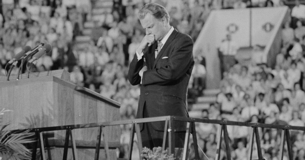 Rev. Billy Graham preaches at the seventh stop of a ten day Graham Crusade in Knoxville, Tennessee, on May 28, 1970.