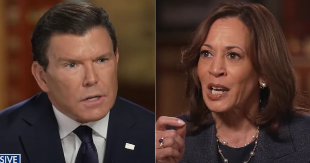 Fox New' Bret Baier, left, went on record to explain what was happening behind the scenes of his interview with Vice President Kamala Harris, right, on Wednesday.