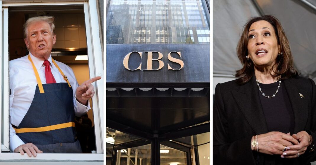 (L) Republican presidential nominee, former U.S. President Donald Trump works the drive-through line as he visits a McDonald's restaurant on October 20, 2024 in Feasterville-Trevose, Pennsylvania. (C) The CBS logo is seen at the CBS Building, headquarters of the CBS Corporation, in New York City on August 6, 2018. (R) US Vice President and Democratic presidential candidate Kamala Harris speaks to the press before a campaign event in Grand Rapids, Michigan, October 18, 2024.