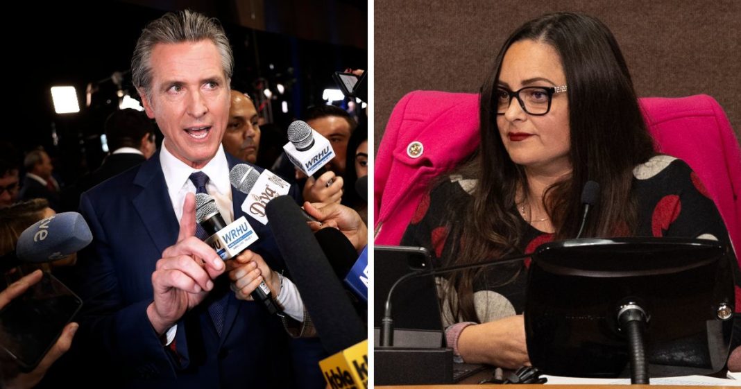 (L) California Governor Gavin Newsom talks to journalists in the media center at the Pennsylvania Convention Center before the first presidential debate between Republican presidential nominee, former President Donald Trump and Democratic presidential nominee, U.S. Vice President Kamala Harris on September 10, 2024 in Philadelphia, Pennsylvania. (R) Huntington Beach Mayor Grace Van Der Mark listens to speakers from Protect Huntington Beach, a group of concerned residents of Huntington Beach who want to increase residents' awareness of proposed charter changes during a Huntington Beach City Council meeting in Huntington Beach City Hall Tuesday, Jan. 16, 2024.