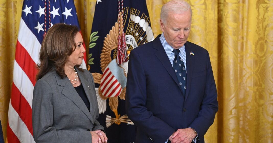 Vice President Kamala Harris, left, and President Joe Biden, right, attend an event in the East Room of the White House in Washington, D.C., on Sept. 26.