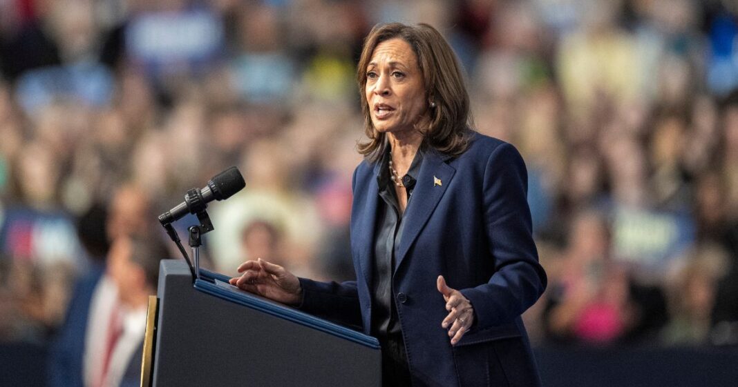 Democratic presidential nominee Vice President Kamala Harris speaks at a campaign rally on October 17, 2024 in La Crosse, Wisconsin.