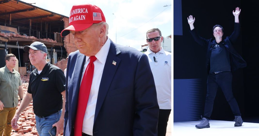 (L) Republican presidential nominee, former U.S. President Donald Trump prepares to leave after visiting Chez What Furniture store that was damaged during Hurricane Helene on September 30, 2024 in Valdosta, Georgia. (R) Elon Musk attends 'Exploring the New Frontiers of Innovation: Mark Read in Conversation with Elon Musk' session during the Cannes Lions International Festival Of Creativity 2024 - Day Three on June 19, 2024 in Cannes, France.