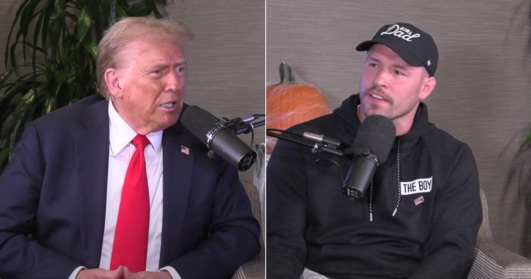 Will Compton, co-host of Barstool Sports's "Bussin' With The Boys" podcast, right, defended comments made on the podcast by former President Donald Trump, left, after The Washington Post tried to slam one of Trump's comments as racist.