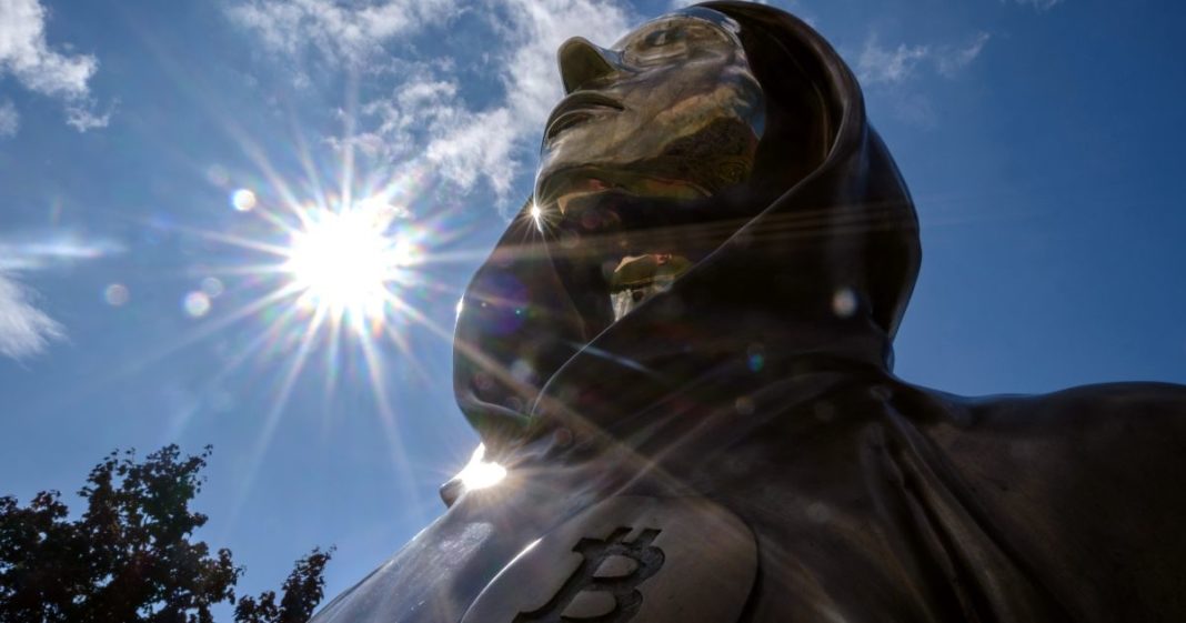 A statue of Satoshi Nakamoto, a presumed pseudonym used by the inventor of Bitcoin, is displayed in Graphisoft Park in Budapest, Hungary, on Sept. 22, 2021.