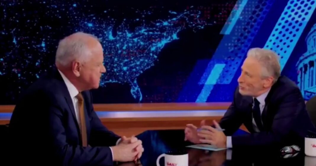 On Monday, Democratic vice presidential candidate Tim Walz, left, appeared on "The Daily Show" where he gave Republicans permission to vote for the Harris-Walz ticket, but host Jon Stewart, right, pushed back after one particular comparison.