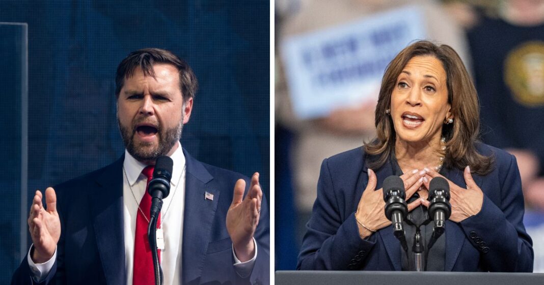 (L) Republican vice presidential nominee, U.S. Sen. J.D. Vance (R-OH) speaks during a Philos Project October 7th Memorial Rally at the Washington Monument on October 7, 2024 in Washington, DC. (R) Democratic presidential nominee Vice President Kamala Harris speaks at a campaign rally on October 17, 2024 in La Crosse, Wisconsin.