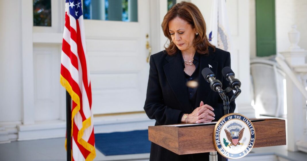 Democratic presidential nominee, U.S. Vice President Kamala Harris pauses while delivering remarks before departing the vice president’s residence on October 23, 2024 in Washington, DC.