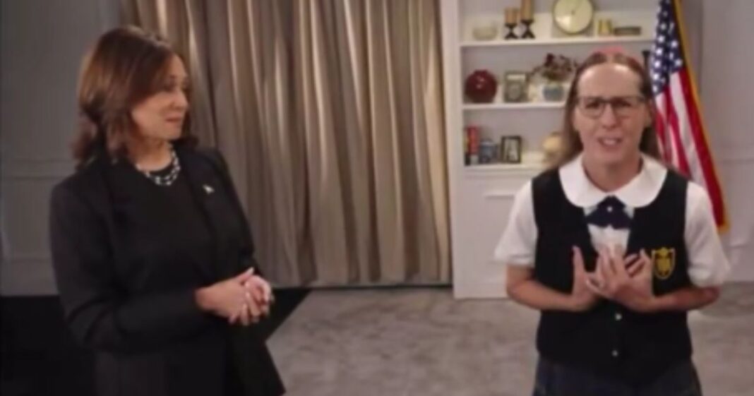 Vice President Kamala Harris, left, skipped the Al Smith Dinner in New York City on Thursday, so instead she sent in a video skit with SNL alum Molly Shannon, right, that seemed to offend rather than entertain.