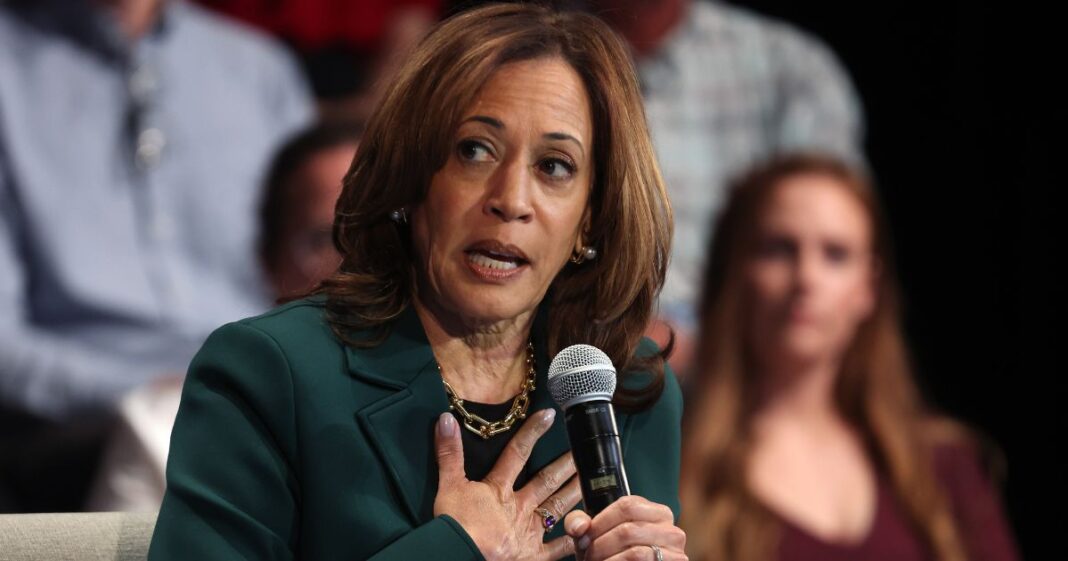 Vice President Kamala Harris speaks during a campaign event in Brookfield, Wisconsin, on Monday.